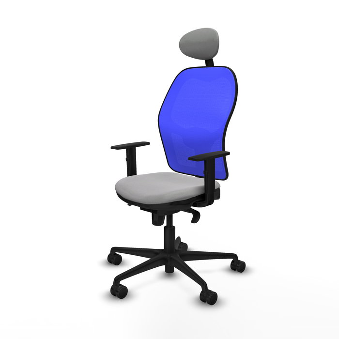 Silla de oficina Jorquera con mecanismo Sincro tapizada con Tela color Gris claro y malla color Azul. Equipada con lumbar 1D, Brazos 1D, Cabecero Fijo y Ruedas 65mm nailon