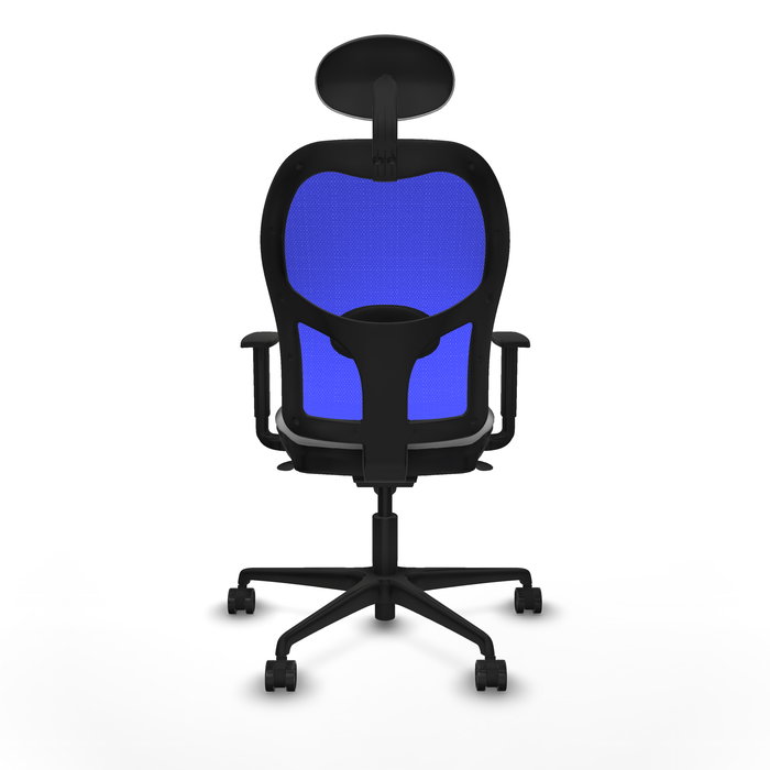 Silla de oficina Jorquera con mecanismo Sincro tapizada con Tela color Gris claro y malla color Azul. Equipada con lumbar 1D, Brazos 1D, Cabecero Fijo y Ruedas 65mm nailon