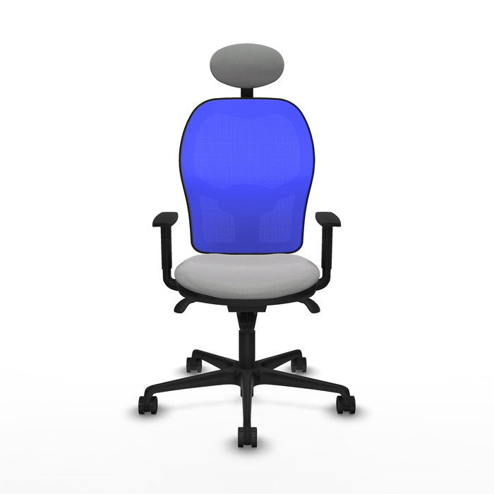 Silla de oficina Jorquera con mecanismo Sincro tapizada con Tela color Gris claro y malla color Azul. Equipada con lumbar 1D, Brazos 1D, Cabecero Fijo y Ruedas 65mm nailon