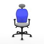 Silla de oficina Jorquera con mecanismo Sincro tapizada con Tela color Gris claro y malla color Azul. Equipada con lumbar 1D, Brazos 1D, Cabecero Fijo y Ruedas 65mm nailon