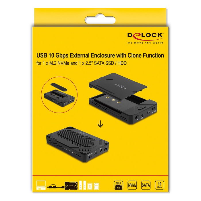 DeLOCK Carcasa USB Tipo C para 1 x M.2 NVMe + 1 x SATA 2.5″ con Función de Clonación DeLOCK Carcasa USB Tipo C para 1 x M.2 NVMe + 1 x SATA 2.5″ con Función de Clonación
