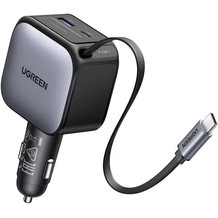 Ugreen Nexode EC603 Cargador de Coche 90W 3-en-1 con Cable USB-C Retráctil, Negro Ugreen Nexode EC603 Cargador de Coche 90W 3-en-1 con Cable USB-C Retráctil, Negro