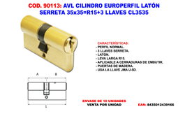 AVL Cilindro Europerfil Latón Serreta 35x35 mm CL3535
