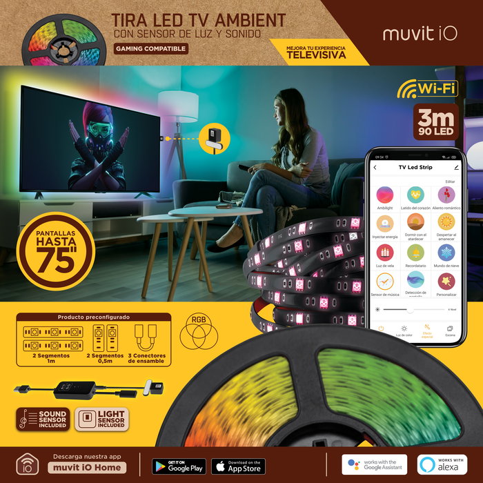 Muvit Tira Led Wifi para TV Compatible con Alexa y Google Assistant Control por App
