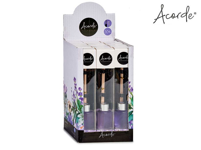 Acorde Mikado 30 ml Lavanda con Varillas 17 cm Fragancia Vidrio Plástico Palma de Ratan Morado 4.4x2x2.9 cm (Set de 24)