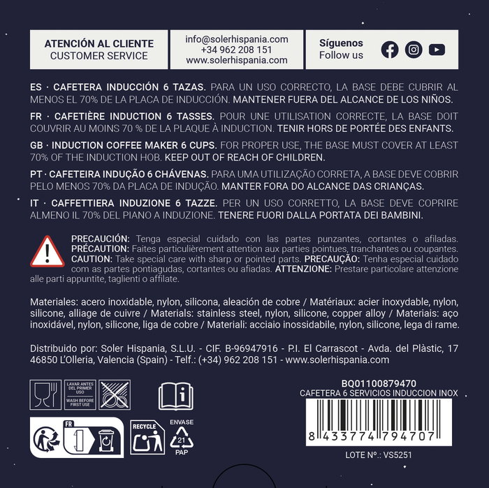 Inde Cafetera 6 Servicios Inducción Acero Inoxidable Quttin - 11.8 x 13.9 x 18.5 cm (6 Unidades)
