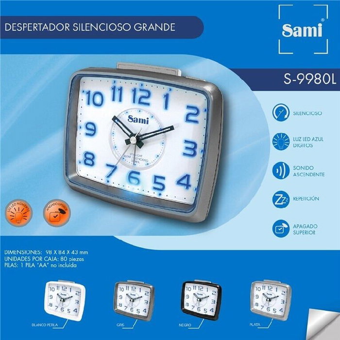 SAMI Despertador Digital Grande de Cuadrado con Luz Azul, Silencioso, Negro - DESPERTADOR SAMI GRANDE CUAD SILENC.LUZ AZUL DIG NEGRO