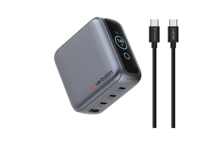 Verbatim Mini GaN Charger 140W con Pantalla, 3xUSB-C y 1xUSB-A, Negro Verbatim Mini GaN Charger 140W con Pantalla, 3xUSB-C y 1xUSB-A, Negro