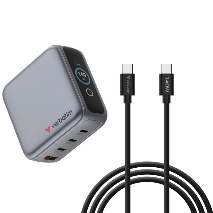 Verbatim Mini GaN Charger 140W con Pantalla, 3xUSB-C y 1xUSB-A, Negro Verbatim Mini GaN Charger 140W con Pantalla, 3xUSB-C y 1xUSB-A, Negro