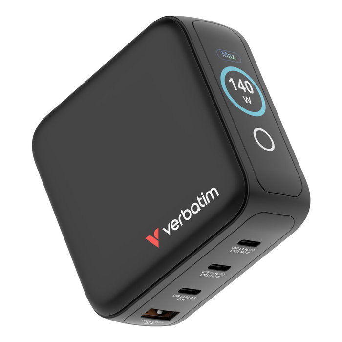 Verbatim Mini GaN Charger 140W con Pantalla, 3xUSB-C y 1xUSB-A, Negro Verbatim Mini GaN Charger 140W con Pantalla, 3xUSB-C y 1xUSB-A, Negro