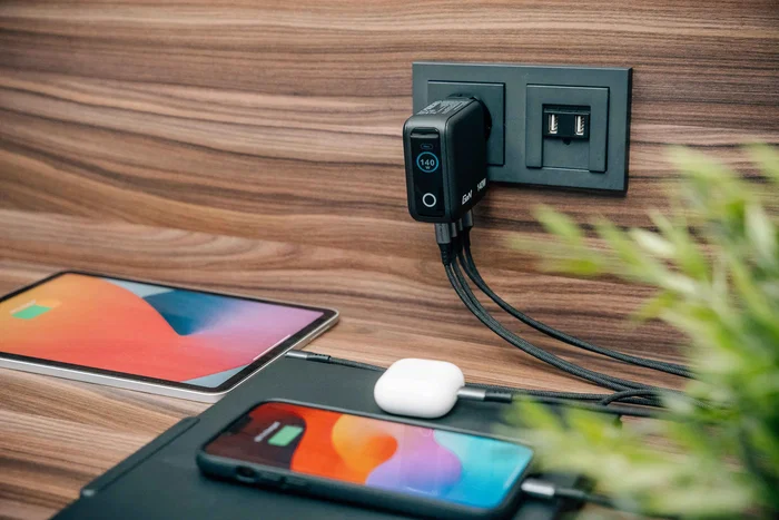 Verbatim 30240 Cargador de Pared GaN 140W Universal con Pantalla, 3 Puertos USB-C y 1 USB-A, Tecnología Quick Charge 3.0 y Power Delivery, Negro