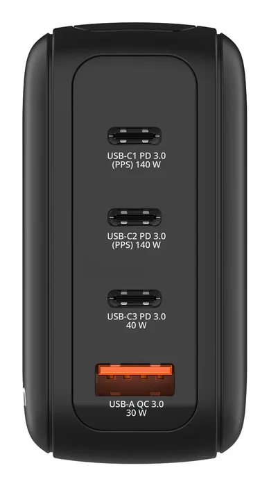 Verbatim 30240 Cargador de Pared GaN 140W Universal con Pantalla, 3 Puertos USB-C y 1 USB-A, Tecnología Quick Charge 3.0 y Power Delivery, Negro