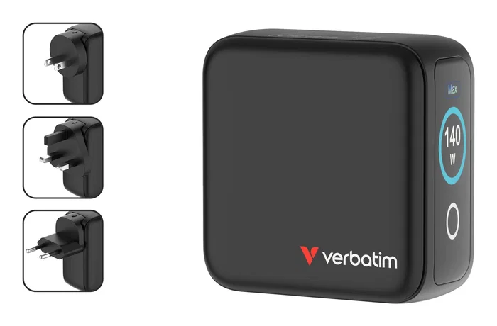 Verbatim 30240 Cargador de Pared GaN 140W Universal con Pantalla, 3 Puertos USB-C y 1 USB-A, Tecnología Quick Charge 3.0 y Power Delivery, Negro