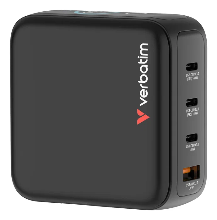 Verbatim 30240 Cargador de Pared GaN 140W Universal con Pantalla, 3 Puertos USB-C y 1 USB-A, Tecnología Quick Charge 3.0 y Power Delivery, Negro