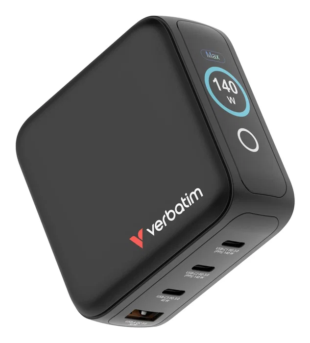 Verbatim 30240 Cargador de Pared GaN 140W Universal con Pantalla, 3 Puertos USB-C y 1 USB-A, Tecnología Quick Charge 3.0 y Power Delivery, Negro