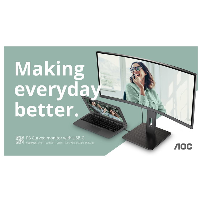 AOC CU34P3CV Monitor 34" Ultrawide Curvo (3440x1440, VA, 100Hz, 1ms, USB-C 65W, USB Hub, KVM, DisplayPort, HDMI, Altavoces)