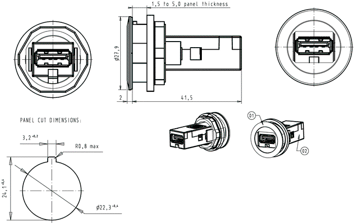 HARTING Conector hembra USB har-port 22mm IP20 Plata HARTING Conector hembra USB har-port 22mm IP20 Plata