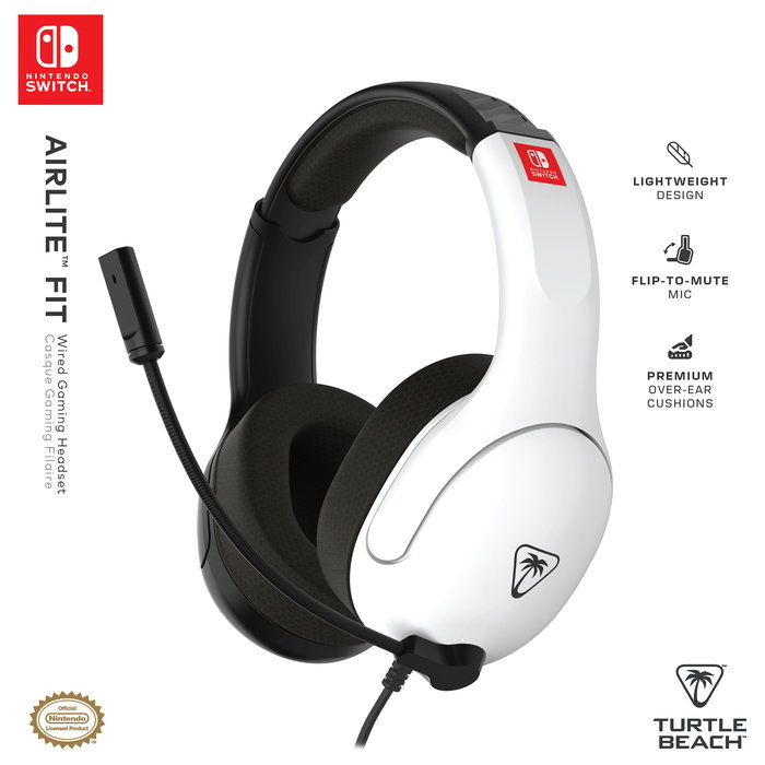 Turtle Beach Airlite Fit Auriculares Gaming con Cable, Licencia Oficial Nintendo Switch/Switch Lite/Switch OLED, Color Negro y Blanco, Circumaural, 20-20000 Hz