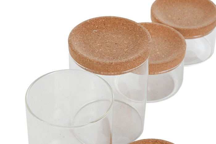 DKD Home Decor Set de 5 Botes de Borosilicato y Corcho para Algodón