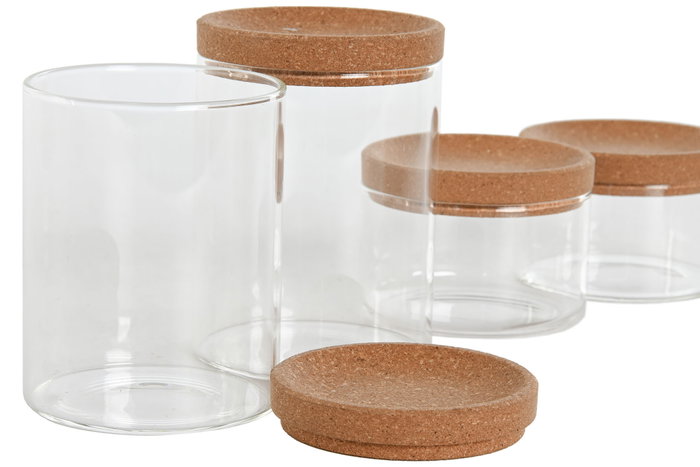 DKD Home Decor Set de 5 Botes de Borosilicato y Corcho para Algodón