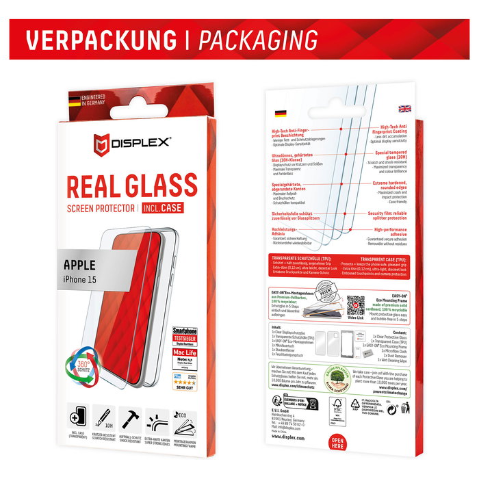Displex Protector de Pantalla de Cristal Templado 10H para iPhone 15 - Resistente a Impactos y Rayones, Transparente, Aplicación en Seco Sin Burbujas