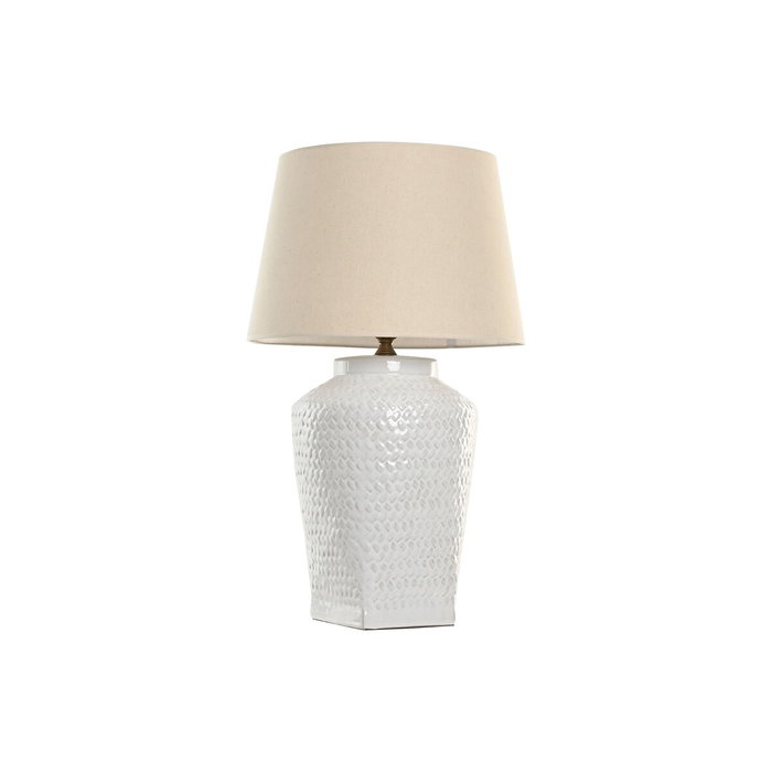 DKD Home Decor Lámpara de Sobremesa de Porcelana y Lino Blanco 45x45x75,5 cm