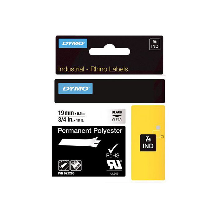 Dymo RhinoPRO Permanent Polyester 19mm x 5,5m Negro sobre transparente