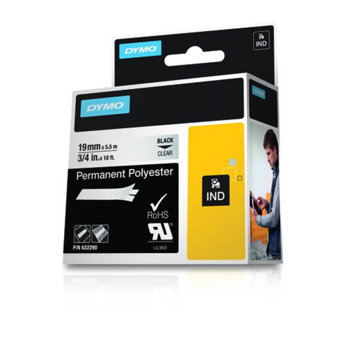Dymo RhinoPRO Permanent Polyester 19mm x 5,5m Negro sobre transparente
