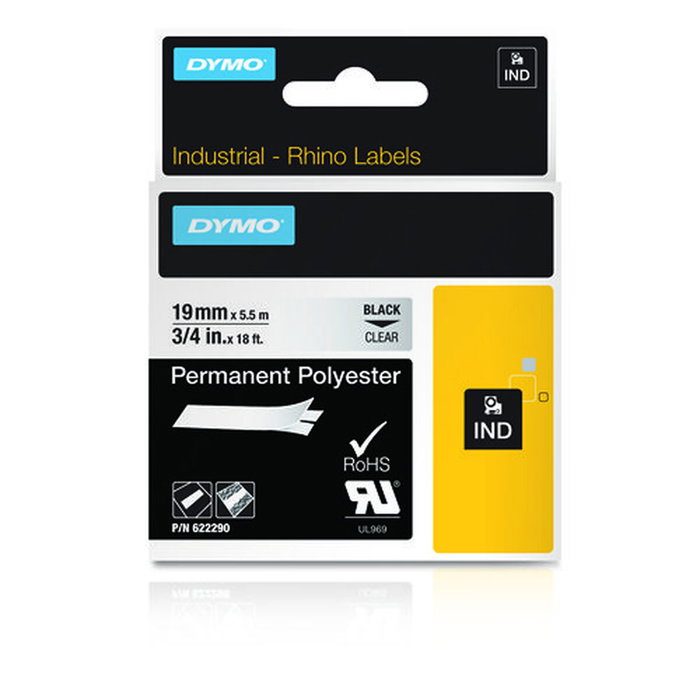 Dymo RhinoPRO Cinta de Etiquetas de Poliéster Permanente 19mm x 5,5m Negro/Transparente Dymo RhinoPRO Cinta de Etiquetas de Poliéster Permanente 19mm x 5,5m Negro/Transparente