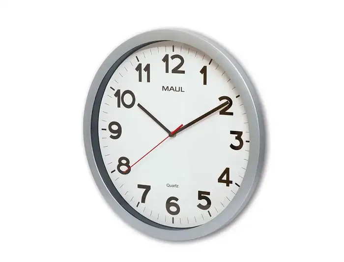Maul Reloj de Pared Redondo Eléctrico 40 cm Diámetro, Marco Plástico Irrompible, Cristal Mineral, Números Arábigos Negros, Color Plata