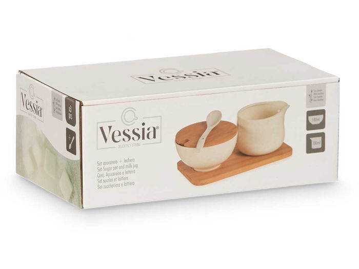 Vessia Set Azucarero y Lechera de Cerámica y Bambú Blanco y Natural 19.5x7.5x10.5 cm (Set de 12)