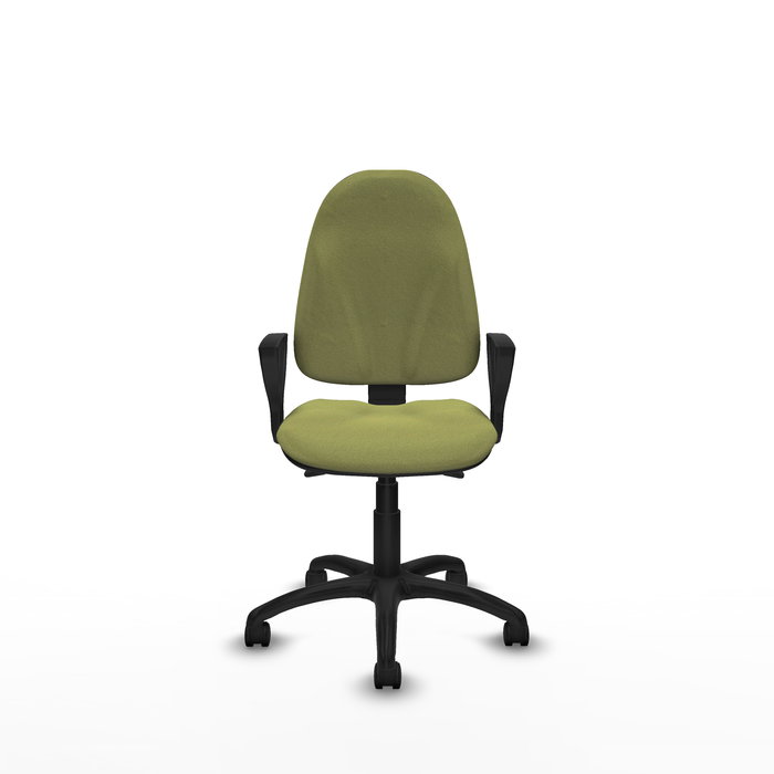 Silla de oficina Algarra con mecanismo Asincro tapizada con Tela color Verde oliva. Equipada con Base poliamida negra, Brazos fijos y Ruedas de nailon 50 mm