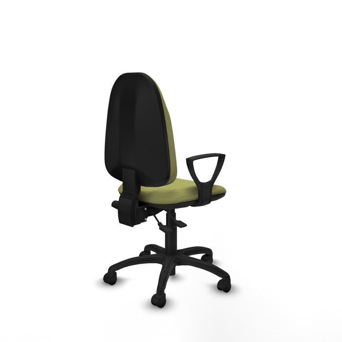 Silla de oficina Algarra con mecanismo Asincro tapizada con Tela color Verde oliva. Equipada con Base poliamida negra, Brazos fijos y Ruedas de nailon 50 mm