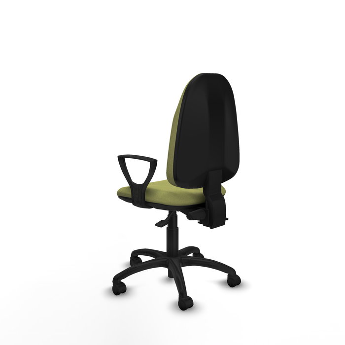 Silla de oficina Algarra con mecanismo Asincro tapizada con Tela color Verde oliva. Equipada con Base poliamida negra, Brazos fijos y Ruedas de nailon 50 mm