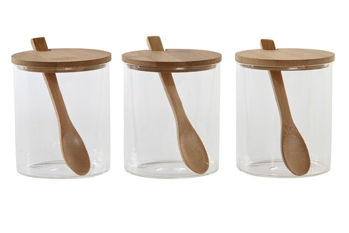 DKD Home Decor Set de 3 Azucareros de Borosilicato y Bambú con Cuchara Natural
