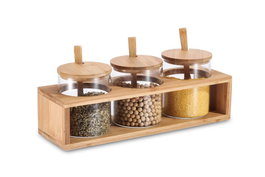 DKD Home Decor Set de 3 Azucareros de Borosilicato y Bambú con Cuchara Natural