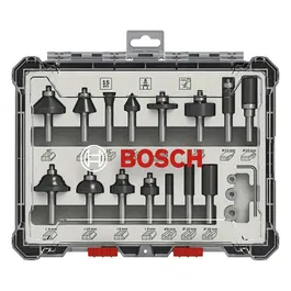 Bosch 2607017472 Juego de brocas para fresadora, 15 piezas, vástago de 8 mm, compatible con fresadoras