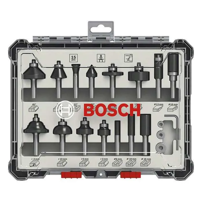 Bosch 2607017472 Juego de brocas para fresadora, 15 piezas, vástago de 8 mm, compatible con fresadoras