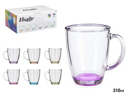 Vivalto Taza Desayuno Vidrio 310 ml con Asa Color Transparente, Rosa, Morado, Azul, Naranja, Verde, Amarillo - 12 x 10.5 x 9 cm (Set de 24)