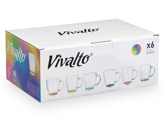 Vivalto Taza Desayuno Vidrio 310 ml con Asa Color Transparente, Rosa, Morado, Azul, Naranja, Verde, Amarillo - 12 x 10.5 x 9 cm (Set de 24)