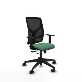 Silla de oficina Motilla con mecanismo Sincro/Traslack tapizada con Tela color Verde esmeralda y malla color Negro. Equipada con lumbar 1D, Brazos 1D y Ruedas 65mm nailon