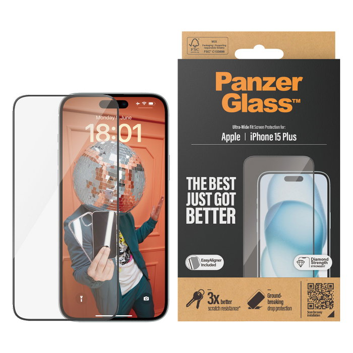 PanzerGlass Protector de Pantalla para Apple iPhone 15 Plus con EasyAligner, Marco Negro