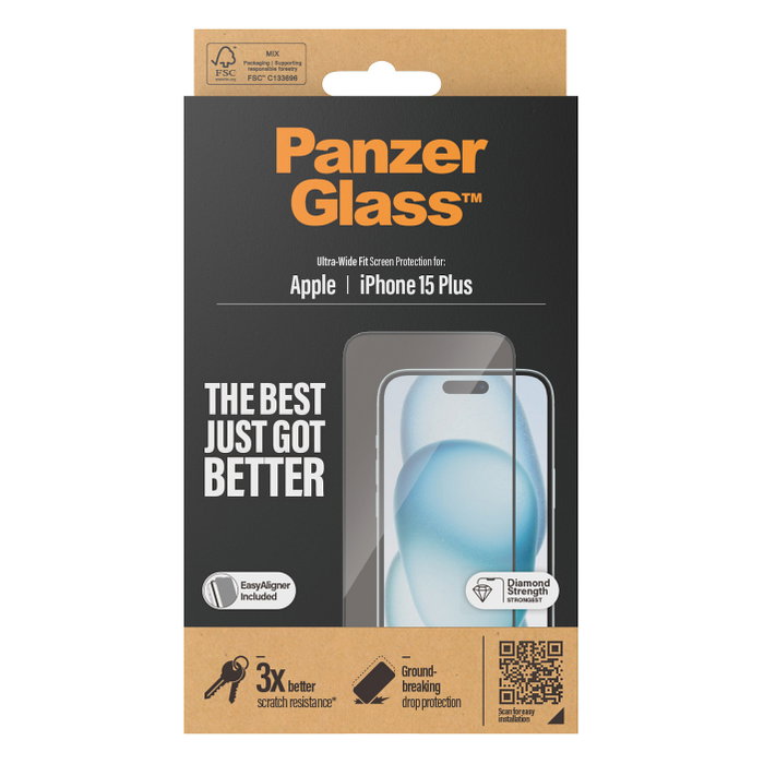 PanzerGlass Protector de Pantalla para Apple iPhone 15 Plus con EasyAligner, Marco Negro