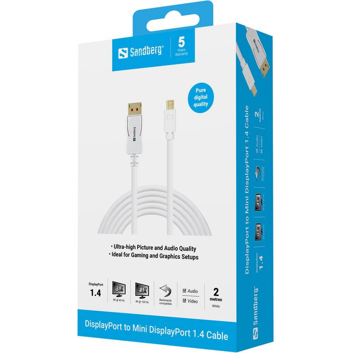 Sandberg Cable DisplayPort a Mini DisplayPort 1.4 8K 60Hz 4K 120Hz 2 Metros Compatible con HBR3 para Monitor y Ordenador