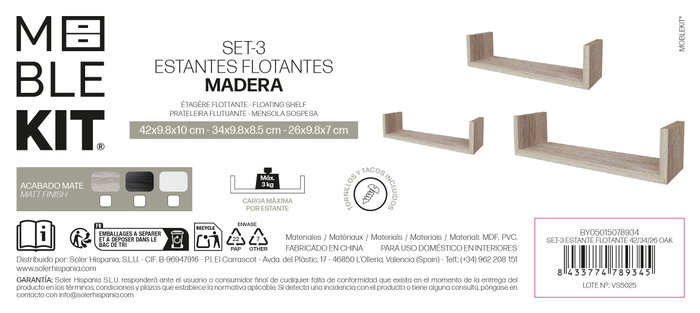 Moblekit Set de 3 Estantes Flotantes SVEN Roble
