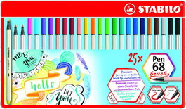 STABILO Pen 68 Brush Rotuladores de Punta Pincel, Estuche Metálico de 25 Colores