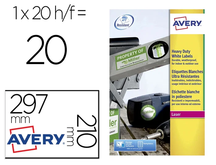 Avery Etiquetas Adhesivas Poliester Blancas 210x297 mm Resistentes Laser Pack 20 Unidades Avery Etiquetas Adhesivas Poliester Blancas 210x297 mm Resistentes Laser Pack 20 Unidades