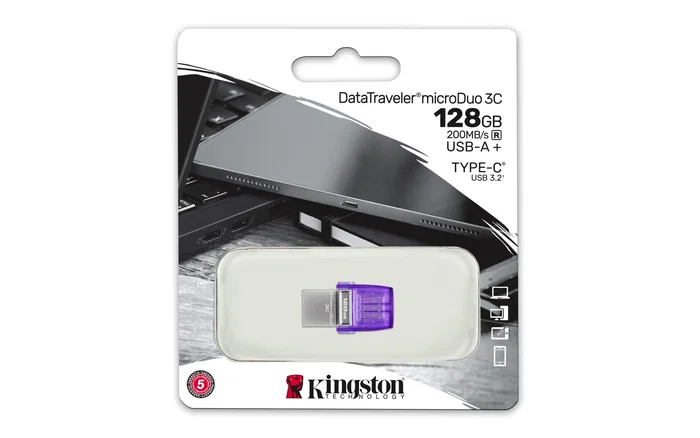 Kingston DataTraveler microDuo 3C - Pendrive USB 128GB, USB 3.2 Gen 1, Dual Tipo-C/Tipo-A, Lectura 200 MB/s, Color Púrpura