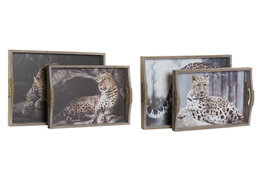 DKD Home Decor Set de 2 Bandejas de MDF Diseño Leopardo Multicolor