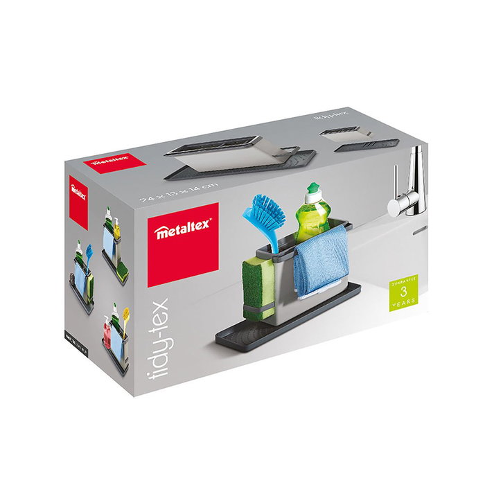 Metaltex Tidytex - Organizador de fregadero con rieles retráctiles, fondo antideslizante, color gris, apto para lavavajillas, 24 x 12.5 x 14.5 cm